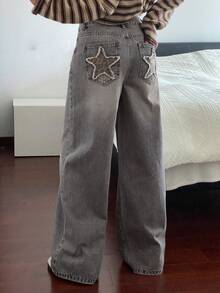 DAZY Quần jeans nữ ống đứng với họa tiết ngôi sao trên túi, phong cách đường phố thường ngày thập niên 2000. - Xám - Xem 5