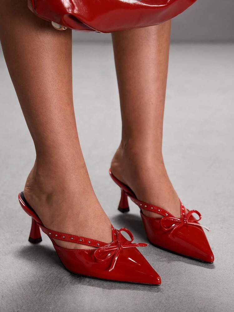 CUCCOO SZL Women's Fashion Red Studded Bow Decor Pointed Toe Pumps For Christmas