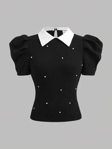 SHEIN Girlism Teenager Mädchen Geripptes Kontrast-Farbe Nieten Kragen Kurzarm Lässig Figurbetontes T-Shirt - Schwarz und Weiss - Übersicht 1