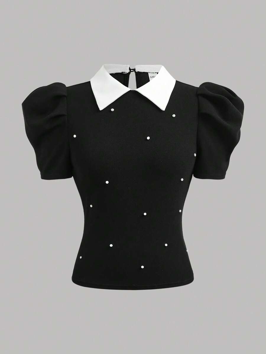 SHEIN Girlism Teenager Mädchen Geripptes Kontrast-Farbe Nieten Kragen Kurzarm Lässig Figurbetontes T-Shirt - Schwarz und Weiss - Übersicht 1