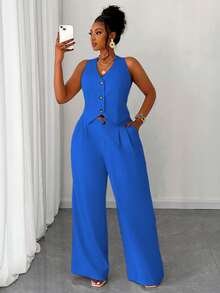 Maweii Conjunto de 2 piezas de chaleco corto y pantalón de pierna ancha de unicolor para mujer de talla grande - Neblina azul - Ver 5