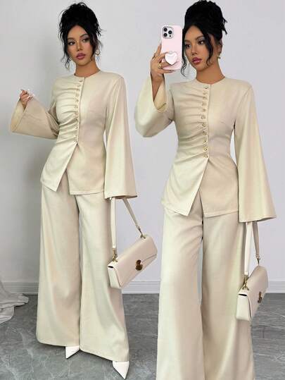 Elenzga 两件套：女士优雅不规则褶皱衬衫和直筒裤，适合办公室、通勤、街头风、法式浪漫风、休闲风、中东复古风、下午茶、派对、感恩节、返校季等场合。