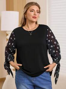 EMERY ROSE Maglietta a maniche 3/4 con scollo tondo, stampa floreale a pois, taglie comode - nero - Visualizzare 5