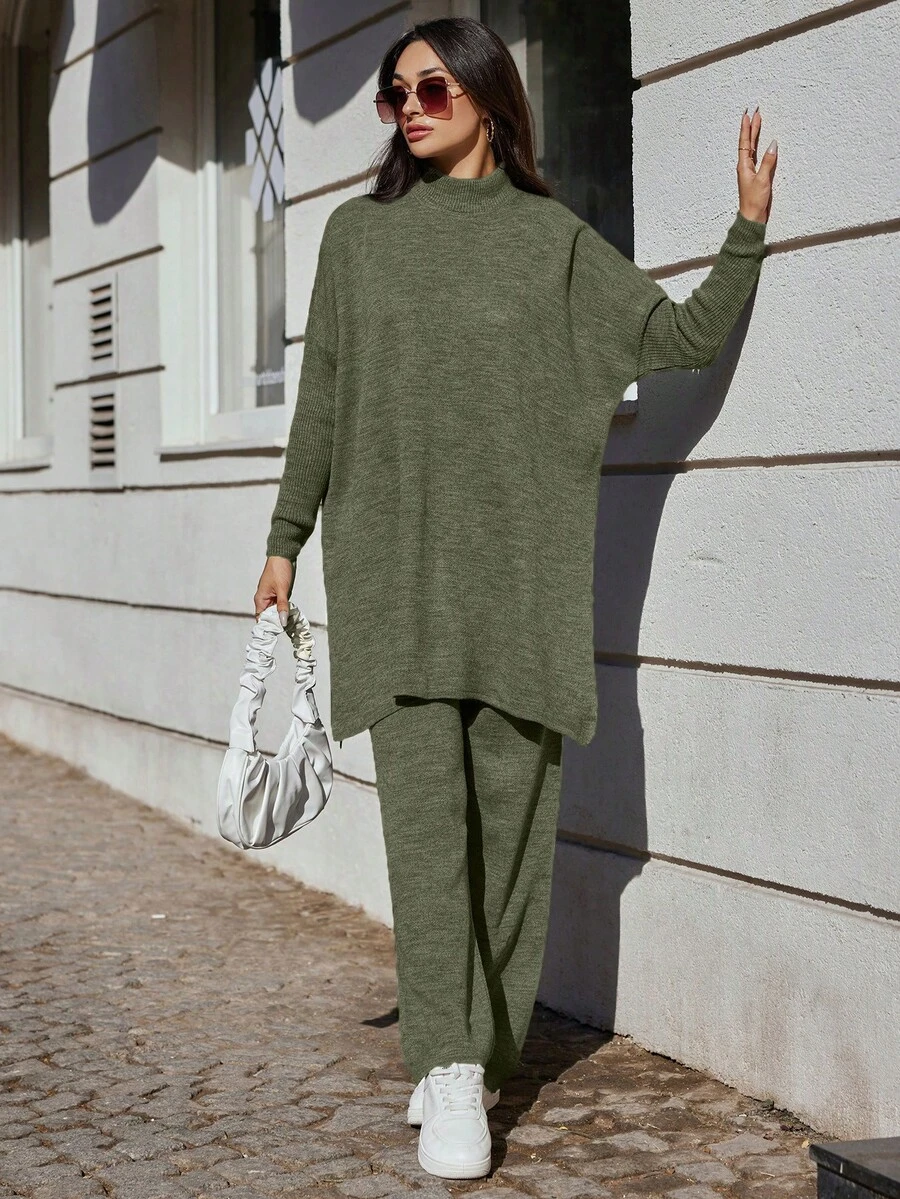 EURMUSE Ensemble Deux Pièces De Pulls Et Pantalons De Couleur Unie Pour Femmes - Militaire verte - Voir 1