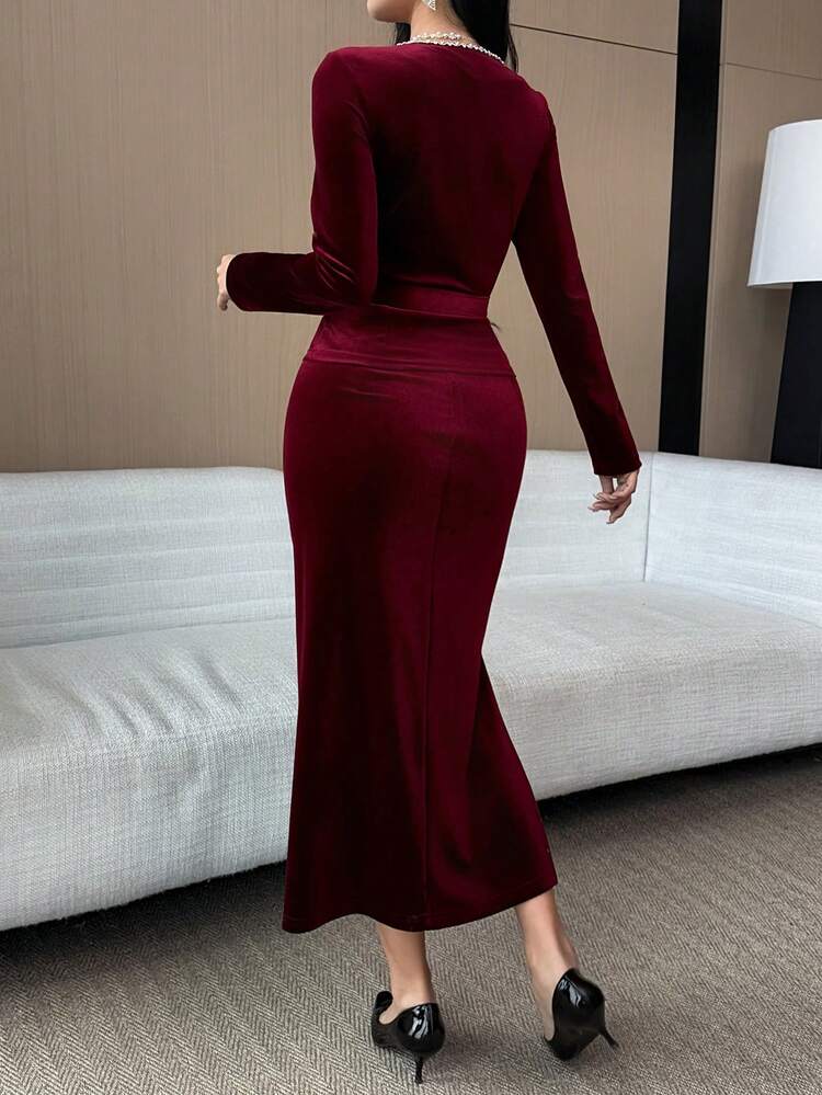 Women's Elegant Belted Shirt & Velvet Skirt 2 Pieces Set, Autumn/Winter Valentine's Day