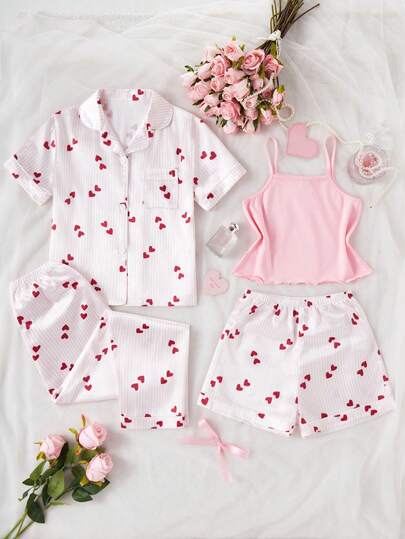 女童四件套睡衣套装 - 粉色条纹爱心图案，短袖上衣，长裤，吊带背心，短裤，休闲睡衣