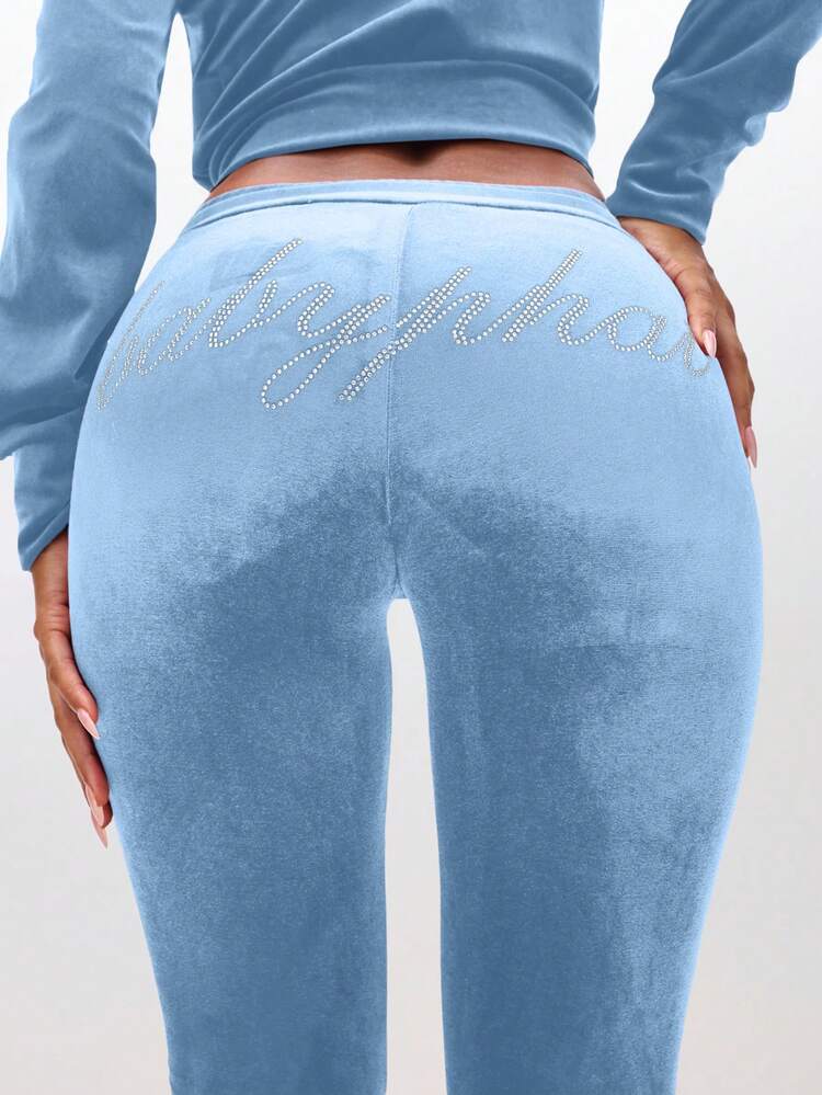BABYPHAT ラインストーン装飾付き ベロア素材 ローライズ フレアレッグ レディースルームパンツ