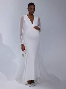 SHEIN Cherish Maternity 孕妇V领网纱美人鱼连衣裙，简约写真服 - 白色 - 查看 5
