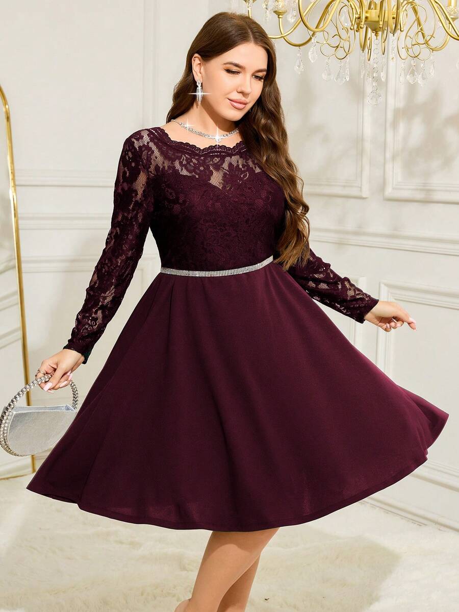 SHEIN Clasi Plus Size Olive Green Lace Patchwork A-Line Autumn Dress, Suitable For Parties/Carnivals - Burgundy - View 1