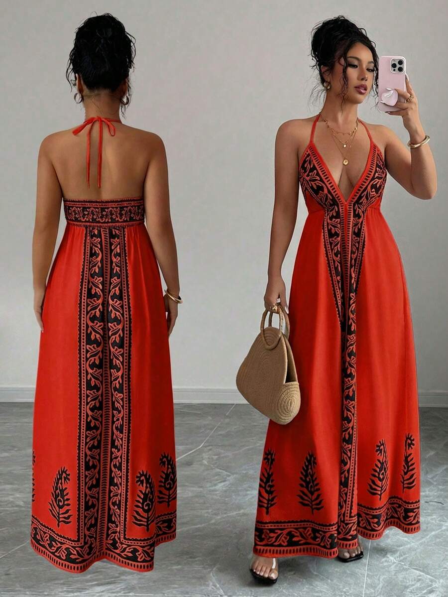 Selianne 女士碎花深V领连衣裙 - 紅色 - 查看 1