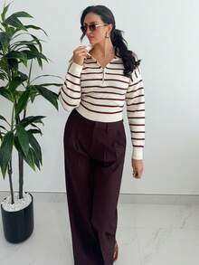 MDEdit 休闲条纹长袖半拉链套头衫秋季 - 酒紅色 - 查看 6