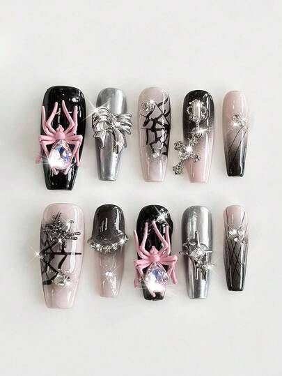 Grunge Punk 10pcs Punk Edgy Spider, Bow, Spider Web, Cross, Star Element Handpainted High-Quality False Nails + 3pcs Double-Sided Adhesive, Removable & Reusable Y2K Style Rhinestone Contrast Color Medium Coffin Fake Nails, Suitable For Holidays, Parties, Dancing And Daily Wear