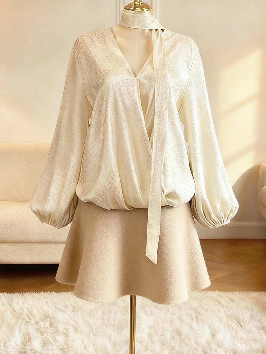 DreamSkyne Plus Size Jacquard Animal Print Satin Shiny Formal Shirt For Party & Elegant Occasions - Apricot - View 1
