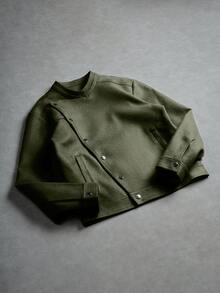 Manfinity EMRG Men's Oblique Button Jacket, Asymmetrical Button Design Casual Outerwear, Recommended Gift For Husband, Boyfriend, Friend Green Jacket Cropped Jacket Army Green Jacket Cropped Zip Up - Olive Green - View 6