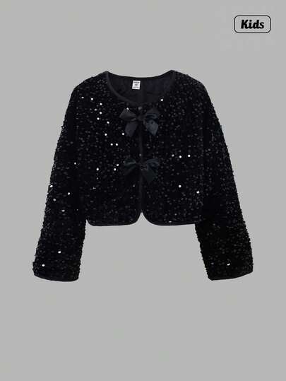 Sweetra 青少年女孩时尚两件套蝴蝶结和纽扣细节夹克，可爱优雅的风格