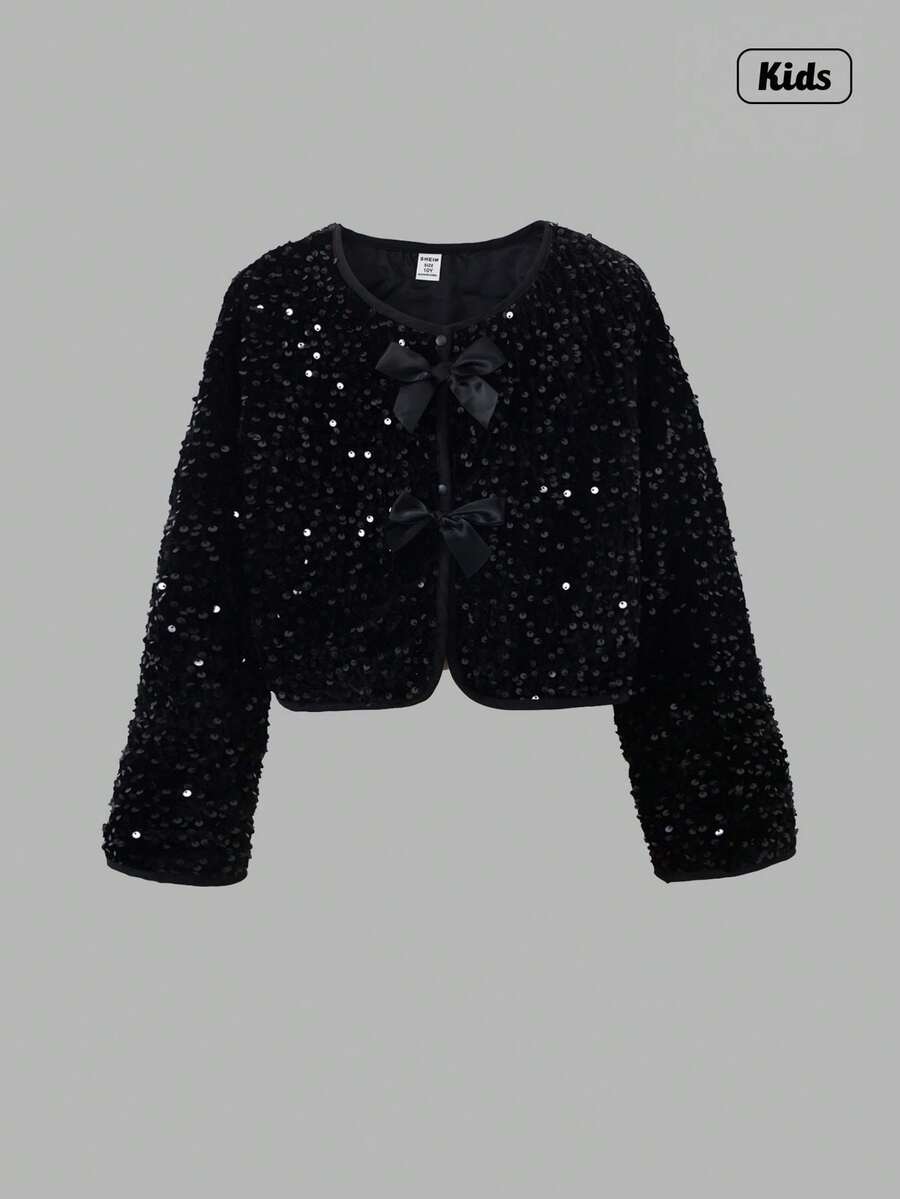 Sweetra 青少年女孩时尚两件套蝴蝶结和纽扣细节夹克，可爱优雅的风格