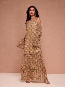 JIAN LASALA All-Over Print Chiffon Asymmetric Neck One-Shoulder Flared Sleeves Layered Maxi Dress Sunflower Dress Women Summer Maxi Dress Women Vacation Dress Moftif Dresses For Women 70s Dress Beach Wedding Guest - Multicolor - View 3