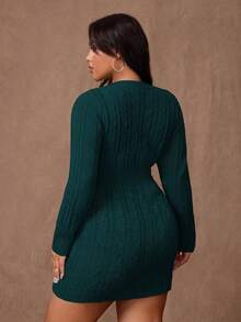 Rustia Vestido de suéter con cuello en V profundo y trenzado para mujer de talla grande, otoño/invierno - Verde Oscuro - Ver 2