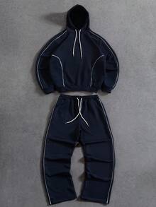 PAVTROS 年轻休闲撞色滚边时尚藏蓝色男士连帽衫套装 - 藏蓝色 - 查看 1