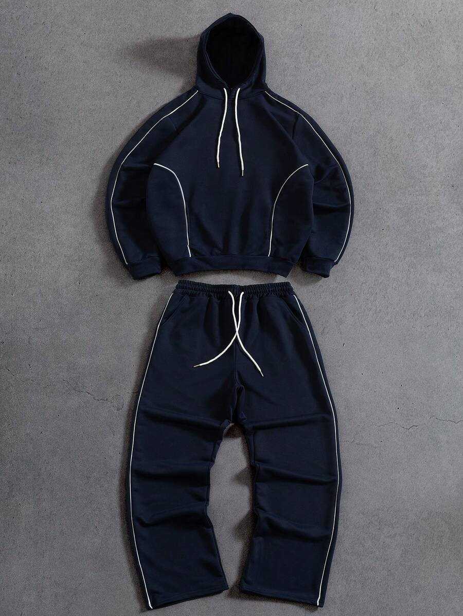 PAVTROS 年轻休闲撞色滚边时尚藏蓝色男士连帽衫套装 - 藏蓝色 - 查看 1