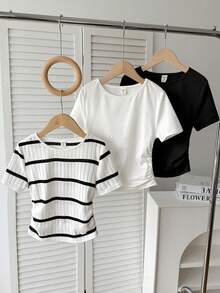 SHEIN 3件套 少女修身休闲纯色圆领褶皱短袖T恤 - 彩色 - 查看 7