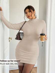 Lounesse Plus Size Women's High Neck Textured Bodycon Long Sleeve Knit Dress,Beige,Autumn,Smart Casual,Everyday Commuting Mock Neck Skin Tight Spring Outfit - Apricot - View 1
