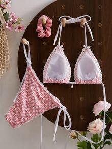 Swim Mod Women's 2 Pieces Bikini Set Set, Featuring Jacquard Fabric, Cute Bow Accent, Sexy Triangle Top, Backless Tie-Up Design, Suitable For Beach, Vacation - Pink - View 2