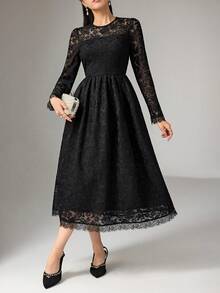 DAZY Women's Elegant Lace Round Neck Puff Sleeve Mid-Length Dress, Autumn Maxi Dress - Black - View 5