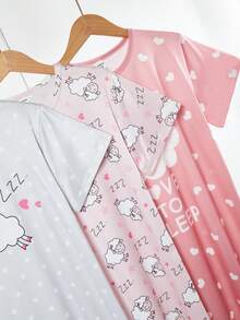 Set de 2 piezas Pijama casual cómodo con estampado de ovejas lindas para niñas, camisón largo de manga corta y cuello redondo - Multicolor - View 5