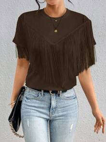 Gaivellea Kaos Lengan Pendek Wanita Gaya Liburan Kasual Warna Polos dengan Rumbai, Musim Panas - Chocolate Brown - View 5