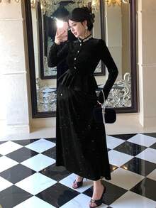 DAZY Women's Elegant Glitter Thermal Lined Top And Skirt 2 Pieces Set, Autumn/Winter