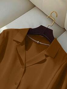 Franclia 女士休闲纯色翻领短袖衬衫，夏季 - 棕色 - 查看 4