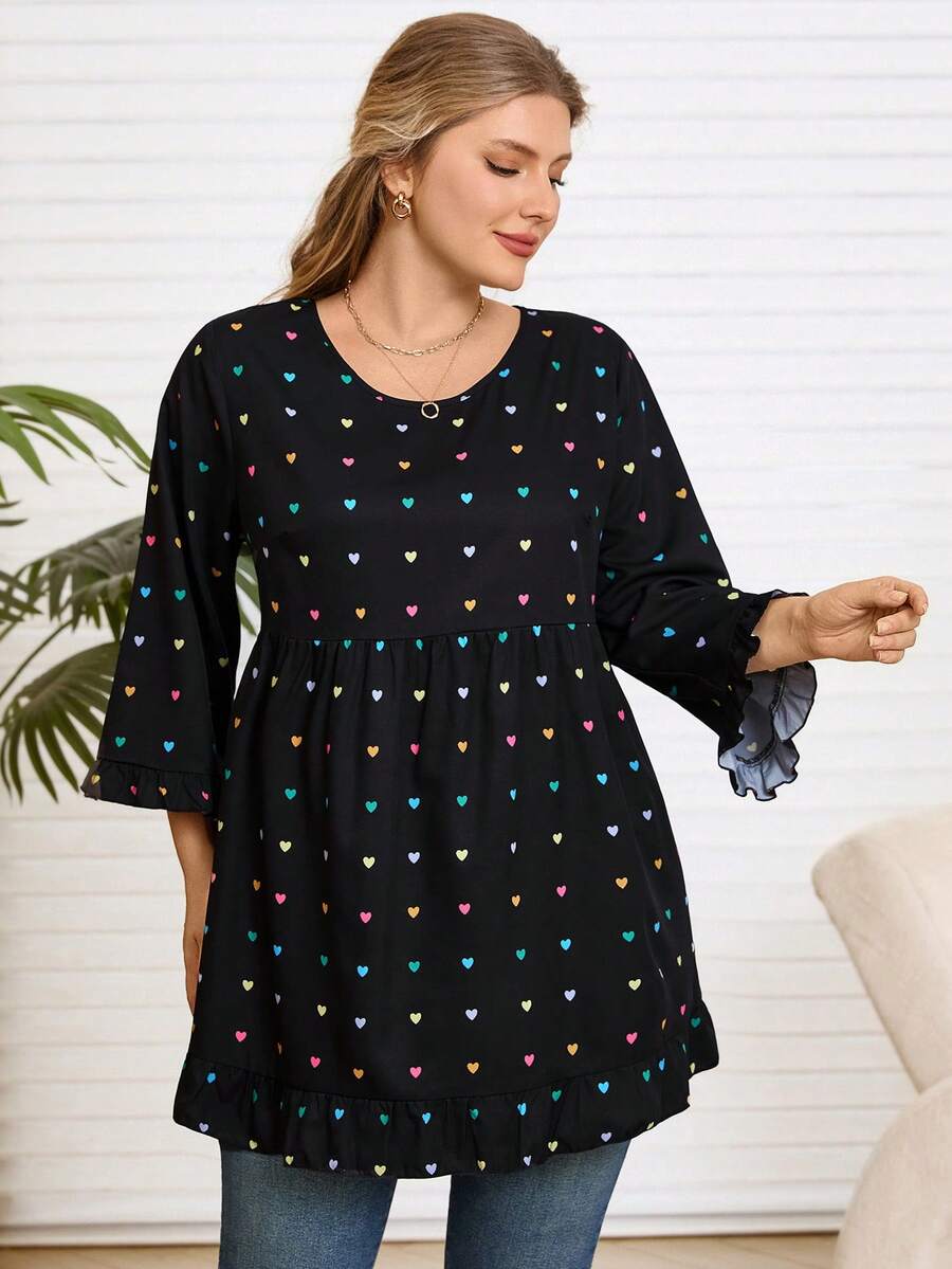 EMERY ROSE Áo kiểu cỡ lớn in hình trái tim, viền bèo nhún, thích hợp mặc mùa đông, dịp Giáng sinh, năm mới, thanh lịch, dự tiệc, chấm bi, thoải mái, ngày Valentine, ngày của Mẹ, áo kiểu cỡ lớn thoải mái và giản dị, áo kiểu nữ cỡ lớn, áo tunic cỡ lớn, áo tunic cỡ lớn đi biển, kỳ nghỉ xuân, ngày lễ cho phụ nữ. - màu đen - Xem 1