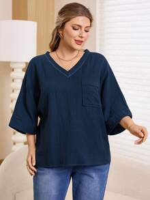 Rosumi Plus Size Women Casual V-Neck Loose Batwing Sleeve Blouse, Suitable For Daily Commute Blue Top Summer Oversized Top Valentine's Day, Mother , Comfortable And Casual Beach Spring Breaks Holidays For Women,Vacation - Blue - View 4