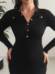 MDEdit Vintage Ladylike Button Decor Slim Fit Long Sleeve Sweater Dress  Fall Winter Cloth For Women - Black - View 4