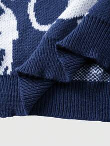 ROMWE MEN Men's Floral Jacquard Loose Knit Long Sleeve Sweater - Royal Blue - View 7