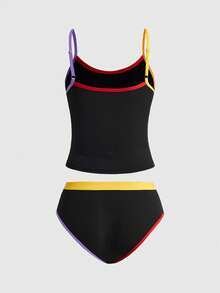 Teletubbies X ROMWE 女士卡通图案撞色滚边吊带背心和内裤套装 - 黑色 - 查看 2