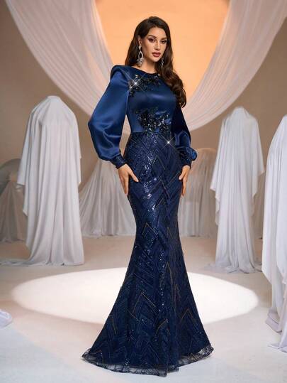 Aureia Elegant Luxury Lantern Sleeve Sequin Embroidered Silk Satin Handmade 3D Embroidery Design Mermaid Hem Evening Gown, Business Formal Dress, Guest Dress