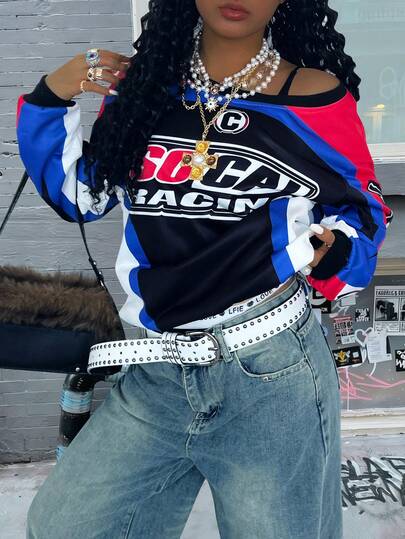 Rovax Loose Oversized Scoop Neck Drop Shoulder Short Graphic Print Long Sleeve Sweatshirt