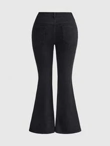 ROMWE Plus Size Gothic Cross Rhinestone Distressed Flare Jeans - Black - View 3