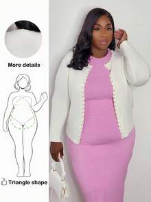 Truni Plus Size Elegant Commuter Solid Color Beaded Decor Knit Cardigan - White - View 1