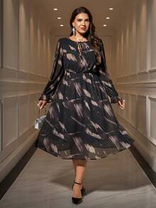 SHEIN Clasi Curvy Plus-Size Women's Fashionable, Elegant, And Romantic Flowy Chiffon Printed Long-Sleeved Fitted Waist Dress, Suitable For Various Occasions,Casual Long Dresses,Floral Dress For Women,Saudi National Day Clothing , Saudi National Day Dress, New Year Dress , New Year Women's Clothes , New Year Look ,Long Party Dresses , Elegant Dresses For Party , Curvy Party Dresses,Going Out ,Graduation Dress For Women ,Long Graduation Dress , Elegant Long Graduation Dress , Ball Gown , Prom Dresses For Women , Formal Ball Gowns For Women , Prom Dress Plus Size,Sparkly Dress ,Night Out,Date Night Outfits Women,Mother Of The Bride Dresses For Wedding,Formal Dresses For Women ,Luxury Dress,Chic Evening Dress,Civil,Party,2025 New,Elegant Party Dress,Long Party Dress ,Chic Dress ,Women's Formal Wear,Christmas,Christmas,Thanksgiving,Winter Dress ,Summer Dress, Women Dresses Autumn Winter - Multicolor - View 6