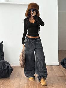 Coolane Women's Fall/Winter Streetwear Renaissance Fair Basic Rib Knit Warm/ Cold Weather/ Thermal Stretchy Black Long Sleeve V-Neck T-Shirt - Black - View 2