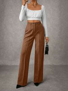 Women's Solid Pleated Seam Detailed Suit Pants - Chocolate Brown - View 4
