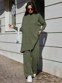 EURMUSE Ensemble Deux Pièces De Pulls Et Pantalons De Couleur Unie Pour Femmes - Militaire verte - Voir 5