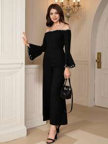 法式优雅黑色修身连体裤，新款韩版露肩珍珠针织连体裤，春秋优雅之选 - 黑色 - 查看 5