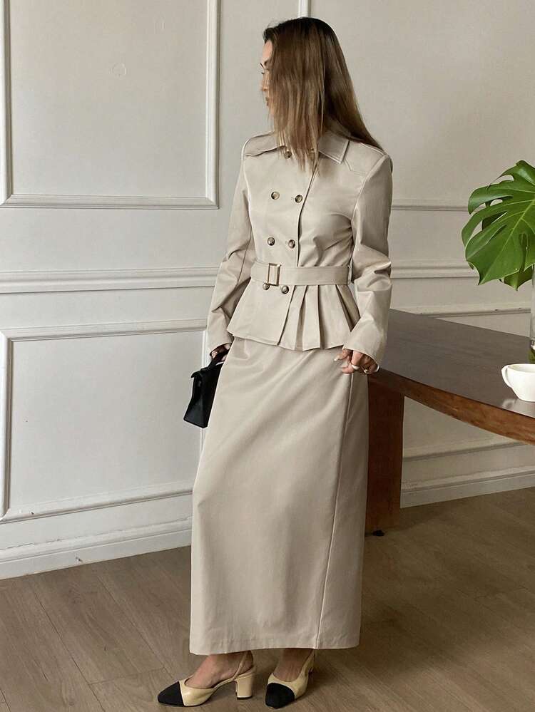2pcs Women Double-Breasted Long Sleeve Jacket And Skirt Set