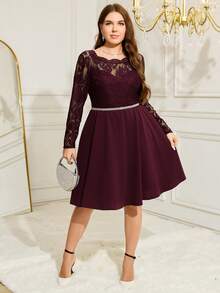 SHEIN Clasi Plus Size Olive Green Lace Patchwork A-Line Autumn Dress, Suitable For Parties/Carnivals - Burgundy - View 3