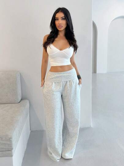 Shopreo Extreme Wide Leg Fold Over Waist Pants Spring Casual Summer Airport Fall Autumn Winter Christmas