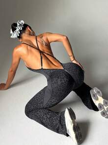 Dewbera Women's Fashionable Leopard Print Criss-Cross Backless Jumpsuit, Summer - Dark Grey - View 7